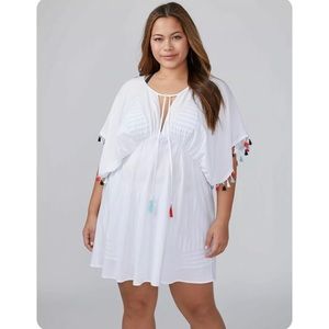 LANE BRYANT CACIQUE SWIM WHITE COVER-UP TASSEL TRIM SZ 18/20 with necklace